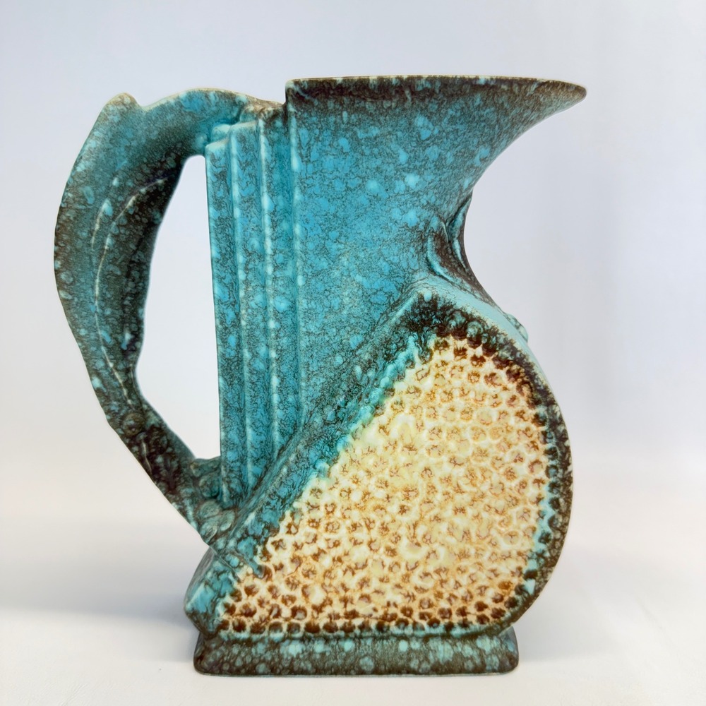 Vintage Belgium Art Deco Pitcher Blue Crackle Glaze Ceramic Vase Honeycomb MCM